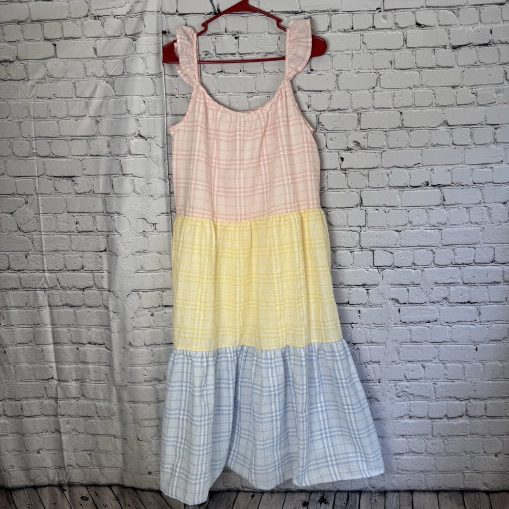 By the River Gingham MIDI Dress Summer‎ Pastel Colorblock Ruffle Sleeve Size M